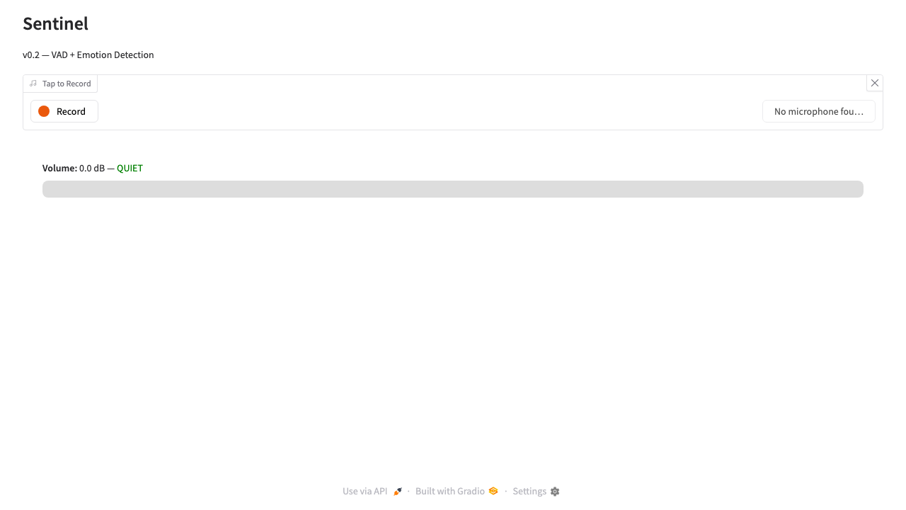 Sentinel — real-time volume gauge at QUIET (normal) level